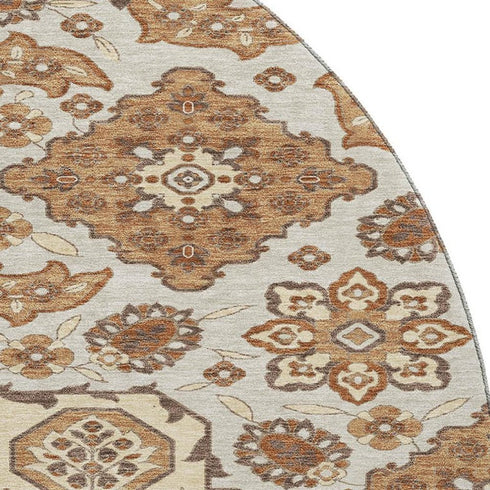 8' Copper And Beige Floral Medallion Washable Round Rug With UV Protection