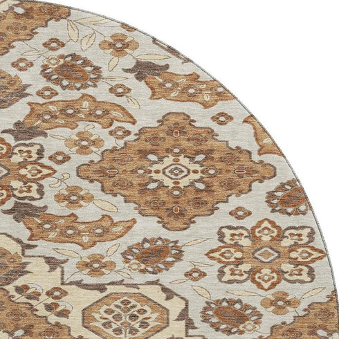 8' Copper And Beige Floral Medallion Washable Round Rug With UV Protection