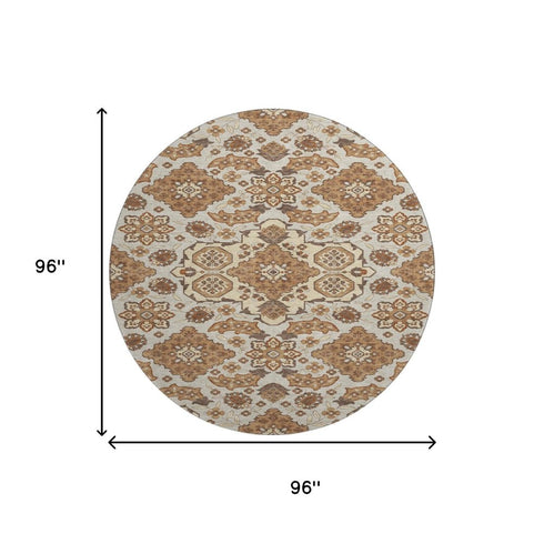 8' Copper And Beige Floral Medallion Washable Round Rug With UV Protection