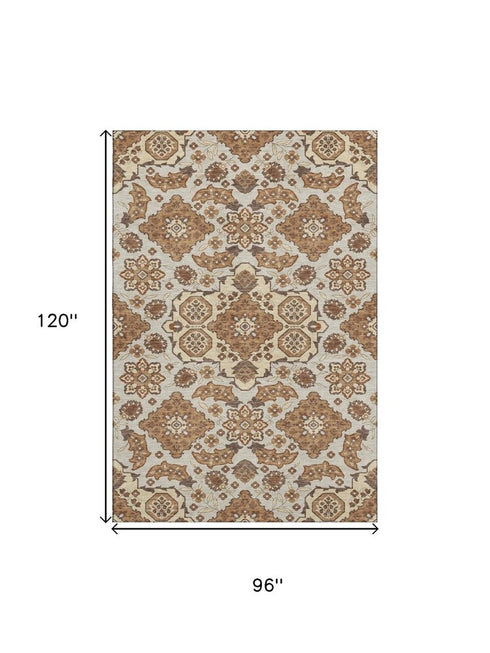 8' X 10' Copper And Beige Floral Medallion Washable Area Rug With UV Protection