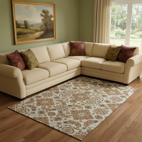 8' X 10' Copper And Beige Floral Medallion Washable Area Rug With UV Protection