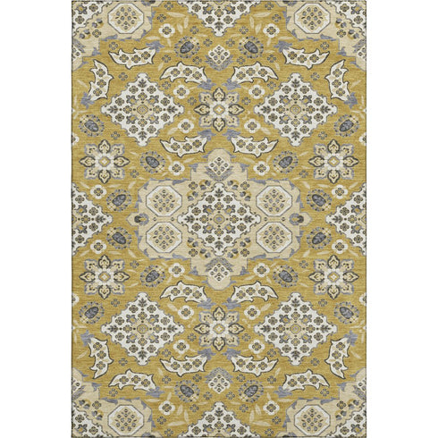5' X 8' Gold And Ivory Floral Medallion Washable Area Rug With UV Protection