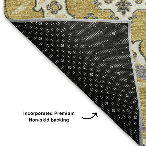 5' X 8' Gold And Ivory Floral Medallion Washable Area Rug With UV Protection