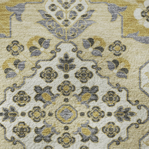 5' X 8' Gold And Ivory Floral Medallion Washable Area Rug With UV Protection