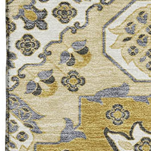5' X 8' Gold And Ivory Floral Medallion Washable Area Rug With UV Protection