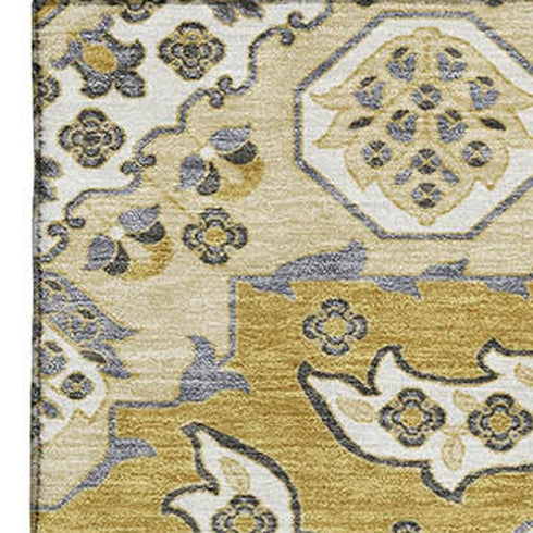 5' X 8' Gold And Ivory Floral Medallion Washable Area Rug With UV Protection