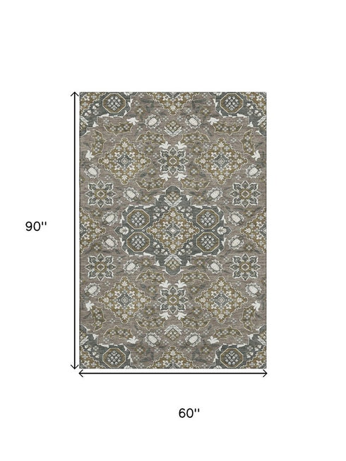 5' X 8' Coffee And Gray Floral Medallion Washable Area Rug With UV Protection
