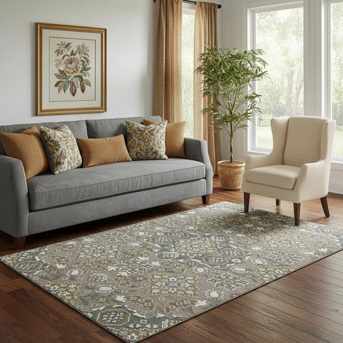 5' X 8' Coffee And Gray Floral Medallion Washable Area Rug With UV Protection