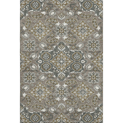5' X 8' Coffee And Gray Floral Medallion Washable Area Rug With UV Protection