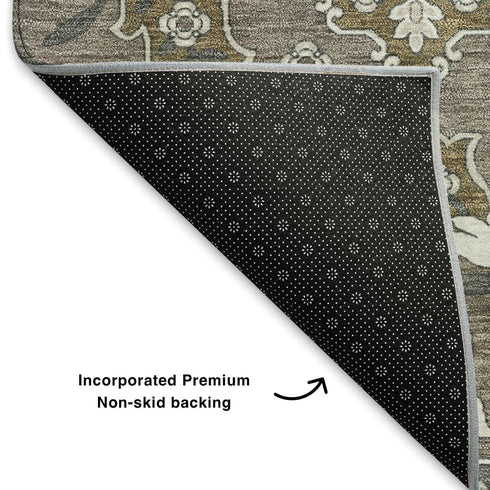 5' X 8' Coffee And Gray Floral Medallion Washable Area Rug With UV Protection