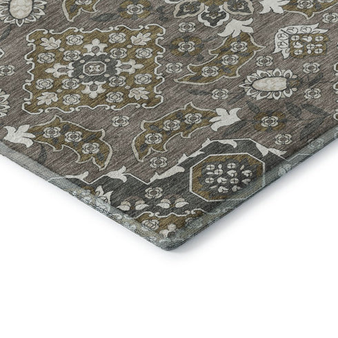5' X 8' Coffee And Gray Floral Medallion Washable Area Rug With UV Protection