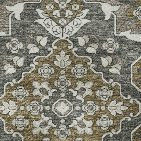 5' X 8' Coffee And Gray Floral Medallion Washable Area Rug With UV Protection