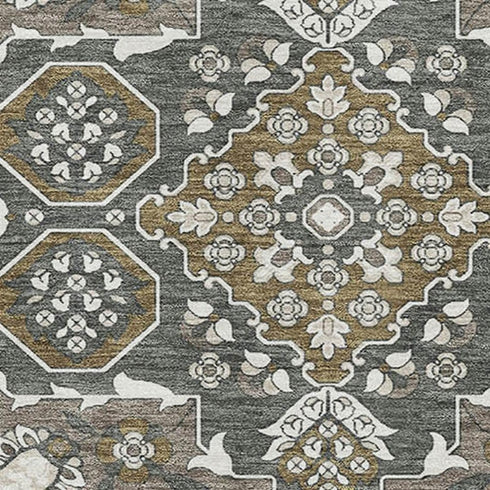 5' X 8' Coffee And Gray Floral Medallion Washable Area Rug With UV Protection