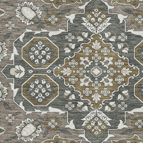 5' X 8' Coffee And Gray Floral Medallion Washable Area Rug With UV Protection