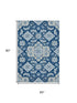 5' X 8' Navy Blue And Ivory Floral Medallion Washable Area Rug With UV Protection