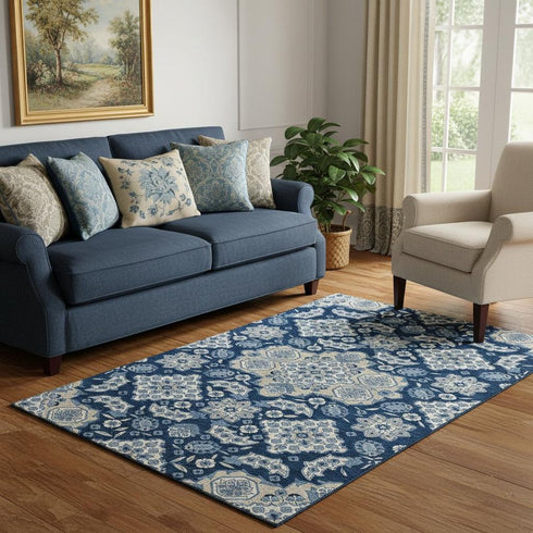 5' X 8' Navy Blue And Ivory Floral Medallion Washable Area Rug With UV Protection