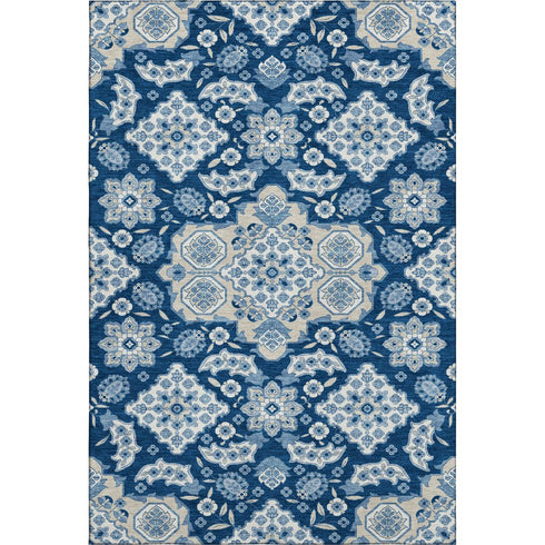 5' X 8' Navy Blue And Ivory Floral Medallion Washable Area Rug With UV Protection
