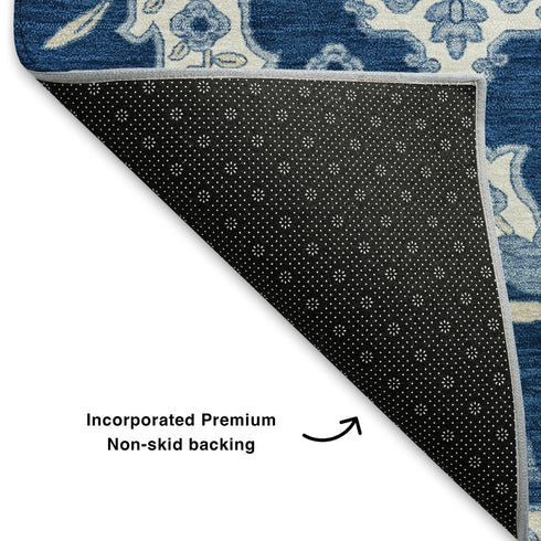 5' X 8' Navy Blue And Ivory Floral Medallion Washable Area Rug With UV Protection