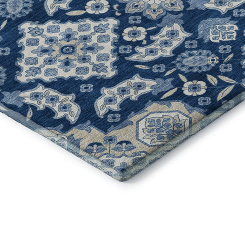 5' X 8' Navy Blue And Ivory Floral Medallion Washable Area Rug With UV Protection