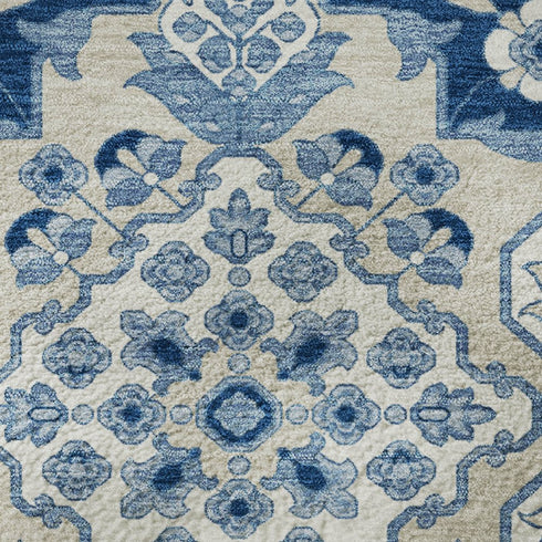 5' X 8' Navy Blue And Ivory Floral Medallion Washable Area Rug With UV Protection