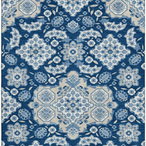 5' X 8' Navy Blue And Ivory Floral Medallion Washable Area Rug With UV Protection