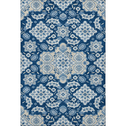 5' X 8' Navy Blue And Ivory Floral Medallion Washable Area Rug With UV Protection