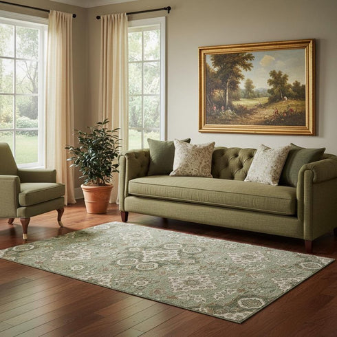 5' X 8' Sage And Copper Floral Medallion Washable Area Rug With UV Protection