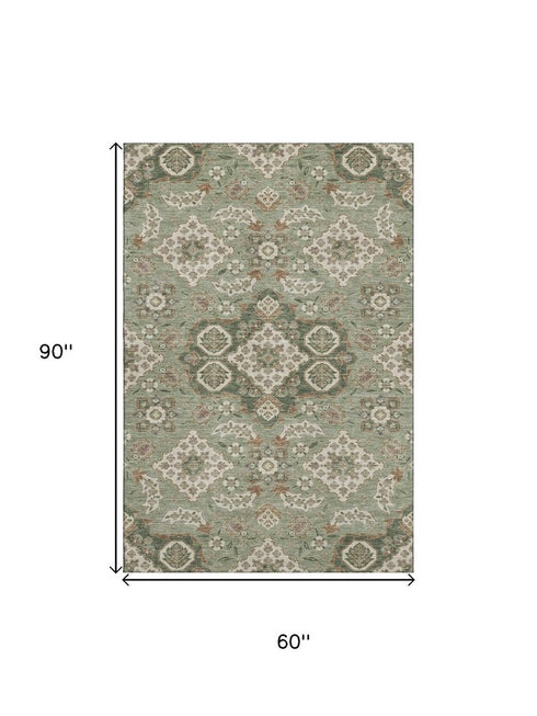 5' X 8' Sage And Copper Floral Medallion Washable Area Rug With UV Protection