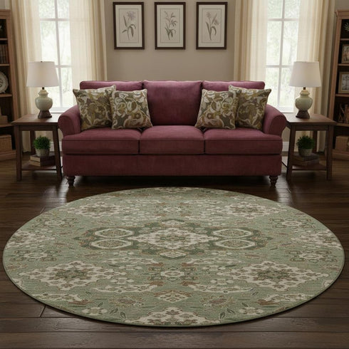 8' Sage And Copper Floral Medallion Washable Round Rug With UV Protection