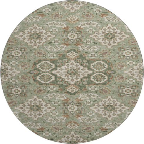 8' Sage And Copper Floral Medallion Washable Round Rug With UV Protection