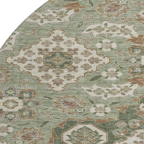 8' Sage And Copper Floral Medallion Washable Round Rug With UV Protection
