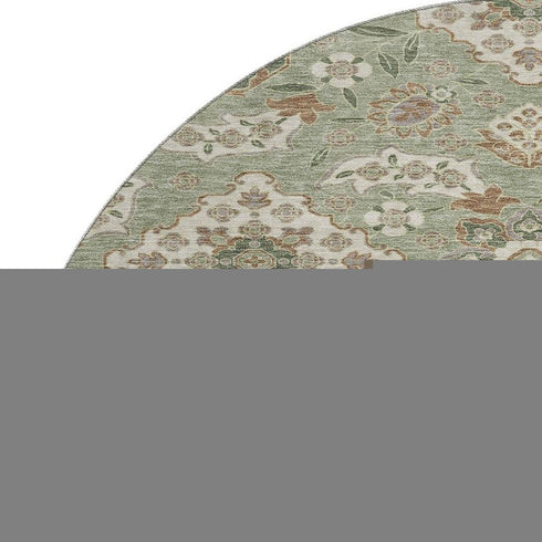 8' Sage And Copper Floral Medallion Washable Round Rug With UV Protection