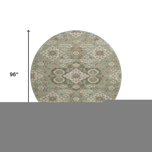 8' Sage And Copper Floral Medallion Washable Round Rug With UV Protection