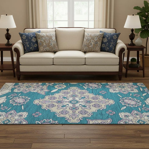 8' Teal And Ivory Floral Medallion Washable Round Rug With UV Protection