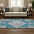 8' Teal And Ivory Floral Medallion Washable Round Rug With UV Protection