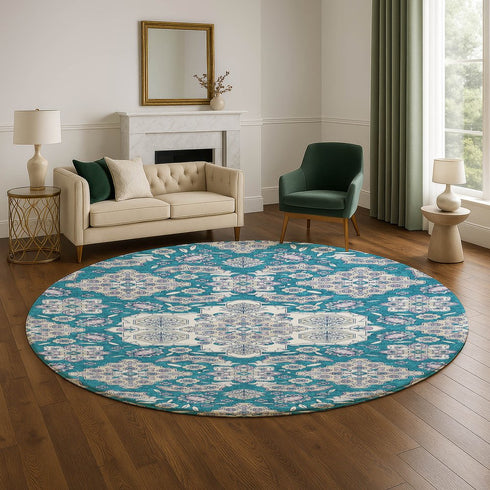 8' Teal And Ivory Floral Medallion Washable Round Rug With UV Protection