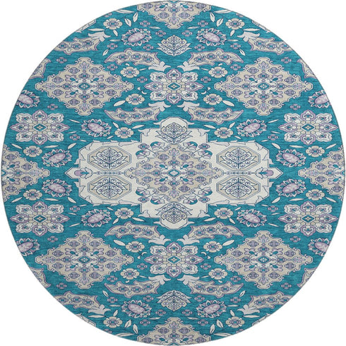 8' Teal And Ivory Floral Medallion Washable Round Rug With UV Protection