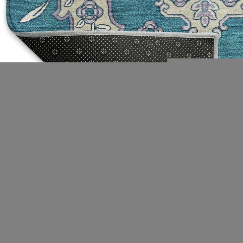 8' Teal And Ivory Floral Medallion Washable Round Rug With UV Protection