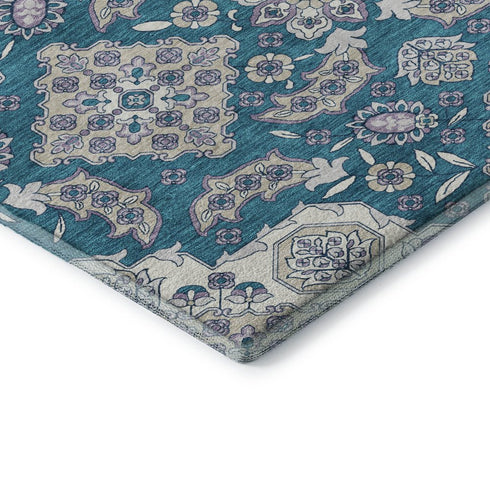 8' Teal And Ivory Floral Medallion Washable Round Rug With UV Protection