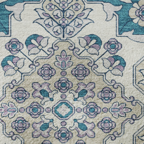 8' Teal And Ivory Floral Medallion Washable Round Rug With UV Protection