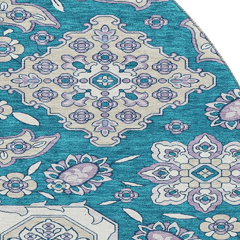 8' Teal And Ivory Floral Medallion Washable Round Rug With UV Protection