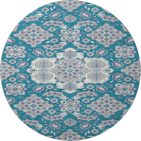 8' Teal And Ivory Floral Medallion Washable Round Rug With UV Protection