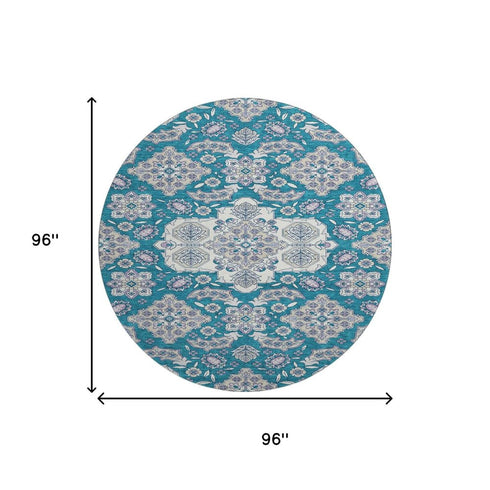 8' Teal And Ivory Floral Medallion Washable Round Rug With UV Protection