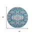 8' Teal And Ivory Floral Medallion Washable Round Rug With UV Protection
