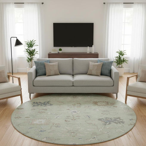 8' Artichoke Green Brown And Blue Floral Washable Round Rug With UV Protection