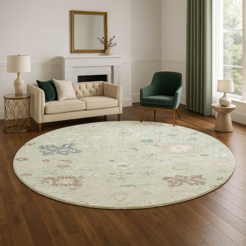8' Artichoke Green Brown And Blue Floral Washable Round Rug With UV Protection