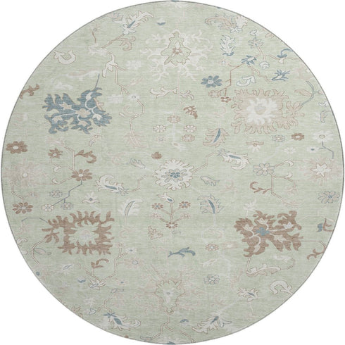 8' Artichoke Green Brown And Blue Floral Washable Round Rug With UV Protection