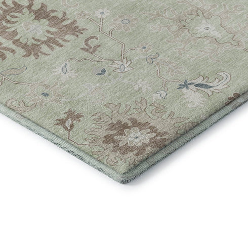 8' Artichoke Green Brown And Blue Floral Washable Round Rug With UV Protection
