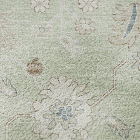 8' Artichoke Green Brown And Blue Floral Washable Round Rug With UV Protection