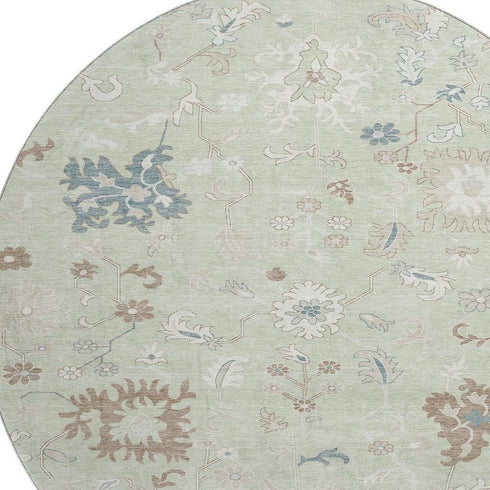 8' Artichoke Green Brown And Blue Floral Washable Round Rug With UV Protection